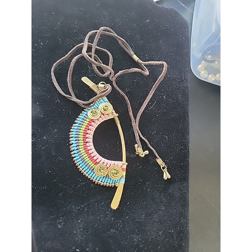 Macrame And Zamak Necklace Adjustable Leather Cord Rainbow Artisan? Handmade?
